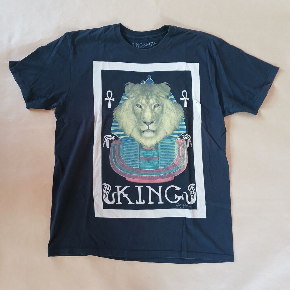 Ring Of Fire Men's Size Large Black short Sleeve T Shirt King Lion Graphic Tee